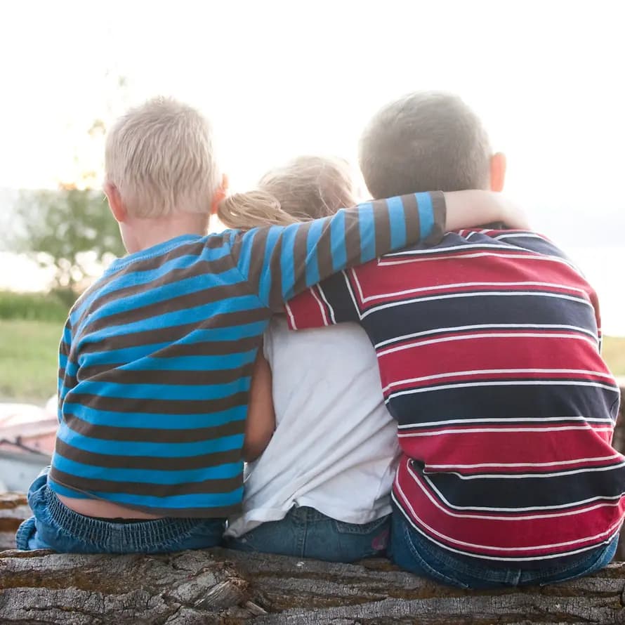 Beitrag Erfahrungen aus der Praxis Drei Kinder, die mit dem Rücken zum Betrachter auf einem Baumstamm sitzen und sich umarmen