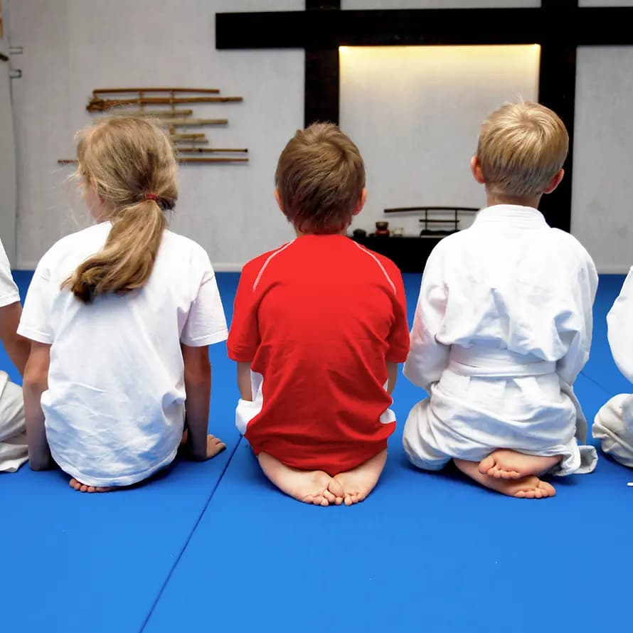 73570_shutterstock_Lidero_1117278413_2.jpg Kinder sitzen in Kampfsportbekleidung in Trainingshalle
