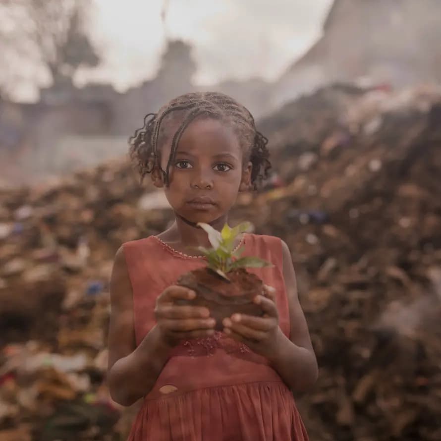 Afrika-Hilfe SOS-Kinderdorf Fast durchsichtiges afrikanisches Mädchen hält eine Pflanze
