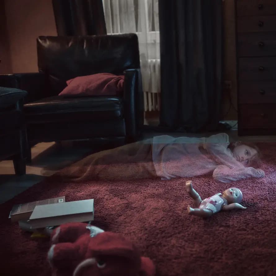 73290_SOS_Q2_Kampagne_Heimkommen_02_Motiv_RGB.jpg Kind liegt in dunklem Zimmer auf Boden, schaut in Fernseher und wird langsam unsichtbar