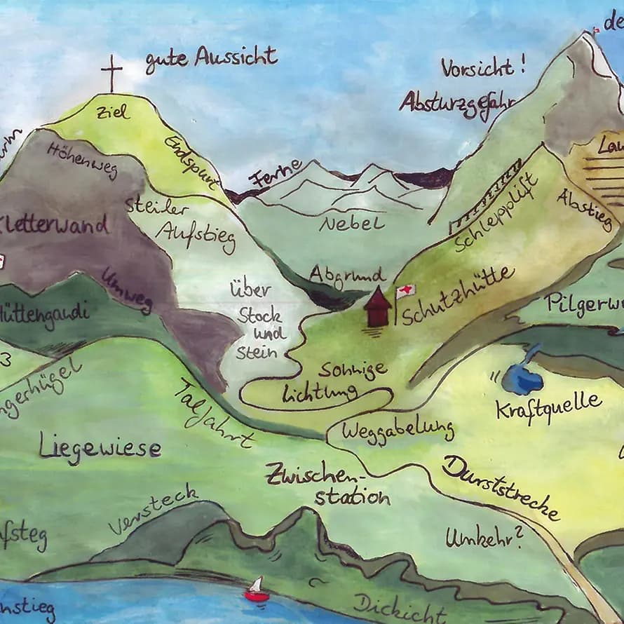 Gezeichnete Berglandschaft, die verschiedene Gemütszustände symbolisiert