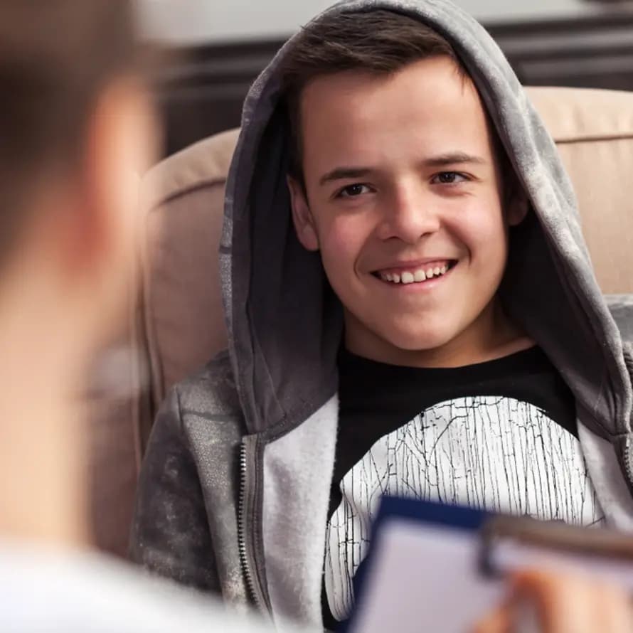 Junge mit Kapuzenjacke im Gespräch mit einer Frau