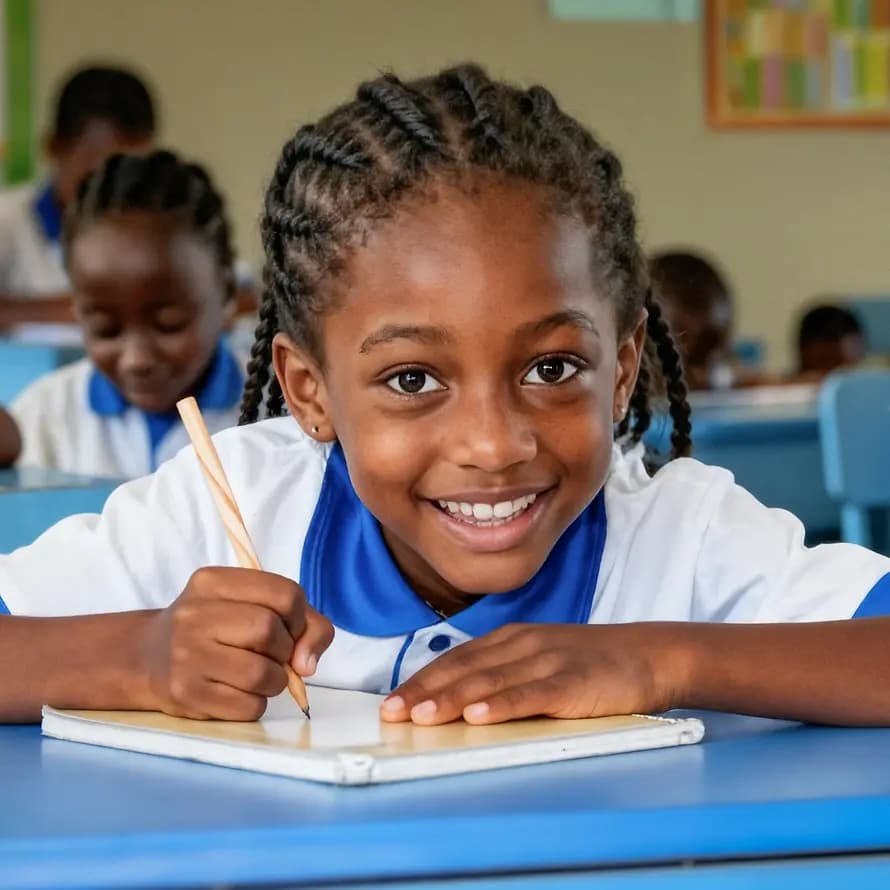 122752_SOS-KD_BernhardEnsomo_Schulgebuehren_69849.png Schülerin sitzt in afrikanischer Schulklasse, hält Stift und lächelt