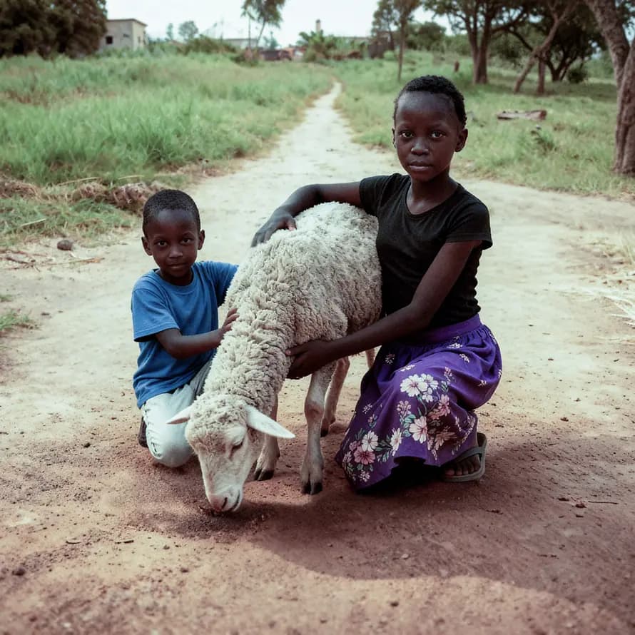 122879_SOS-KD_BernhardEnsomo_Schaf.png Zwei Kinder in Afrika knien links und rechts neben Schaf und streicheln es