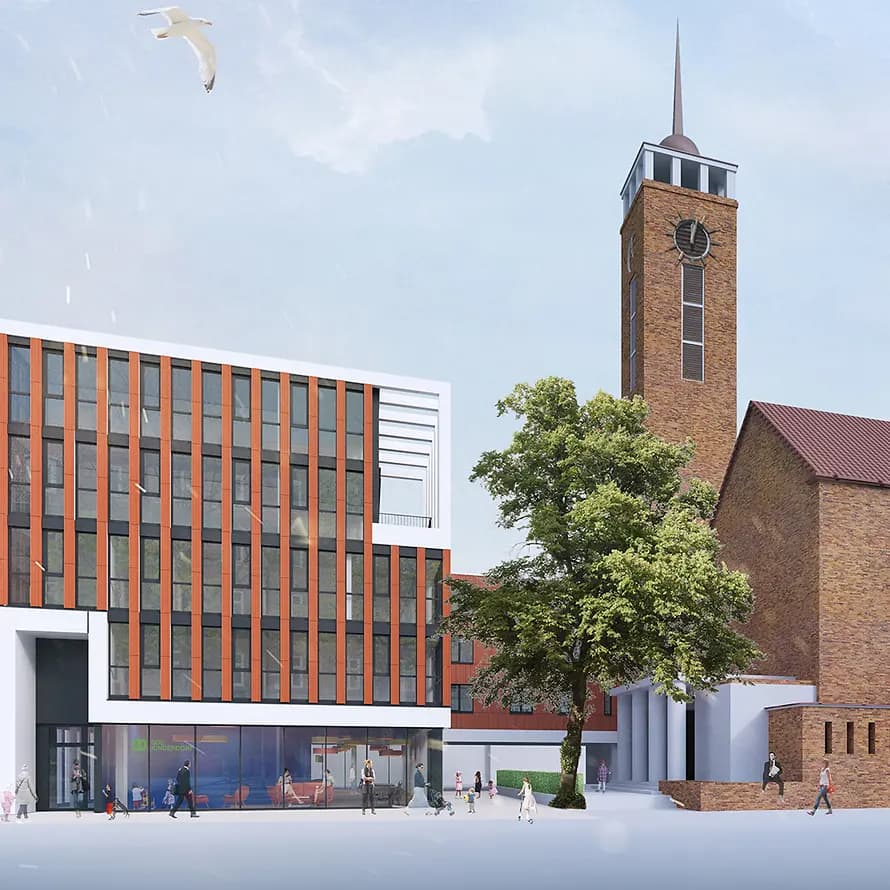 Ansicht des SOS-Kinderdorf Hamburg „Hafen für Familien“ von der Straßburger Straße aus. Daneben steht die Frohbotschaftskirche Dulsberg. Ansicht des SOS-Kinderdorf Hamburg „Hafen für Familien“ von der Straßburger Straße aus